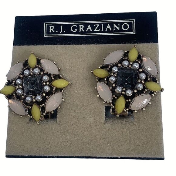 RJ Graziano Pearl Flower Button Clip Earrings 1"  Pastel Rhinestones - Picture 1 of 9